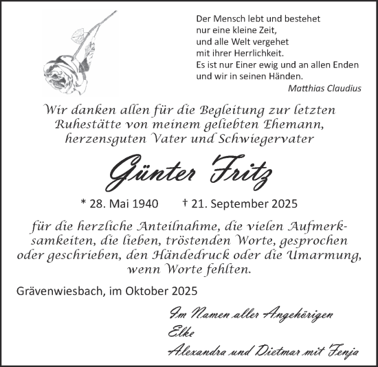 Traueranzeige von Günter Fritz von Usinger Anzeigenblatt