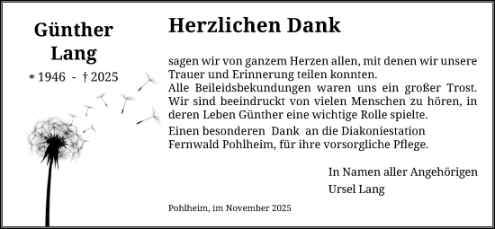 Traueranzeige von Günther Lang von Giessener Allgemeine, Alsfelder Allgemeine, Giessener Anzeiger