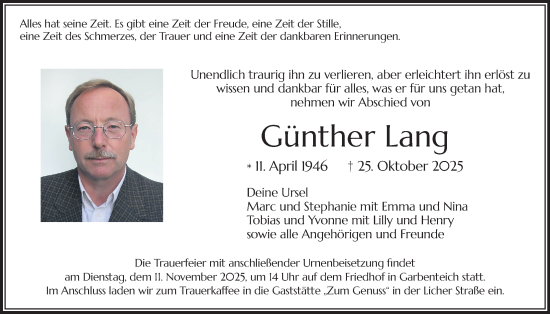 Traueranzeige von Günther Lang von Giessener Anzeiger, Giessener Allgemeine, Alsfelder Allgemeine