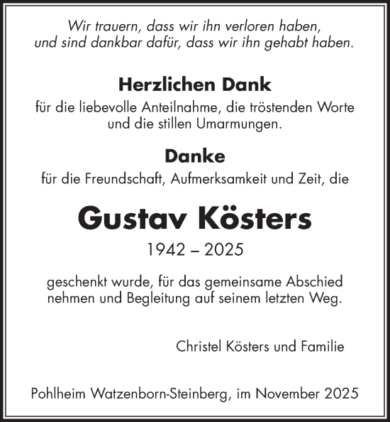 Traueranzeige von Gustav Kösters von Pohlheimer Nachrichten