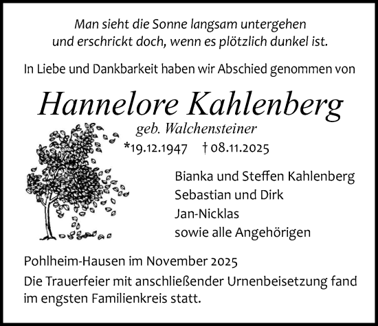 Traueranzeige von Hannelore Kahlenberg von Giessener Anzeiger