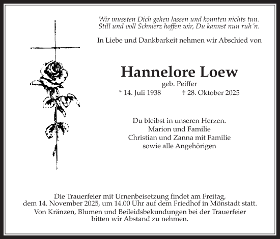 Traueranzeige von Hannelore Loew von Usinger Anzeigenblatt