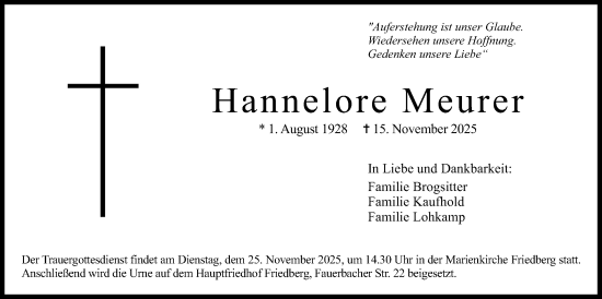 Traueranzeige von Hannelore Meurer von Wetterauer Zeitung