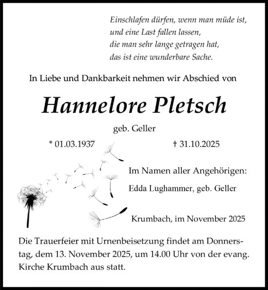 Traueranzeige von Hannelore Pletsch von Giessener Allgemeine, Alsfelder Allgemeine