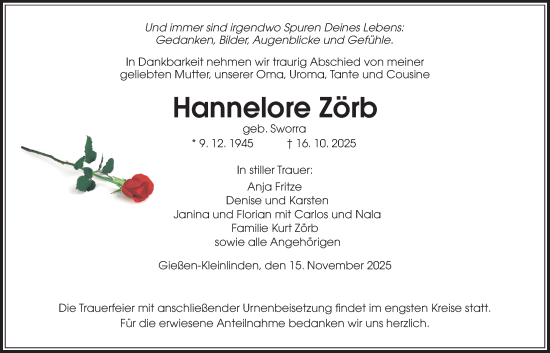 Traueranzeige von Hannelore Zörb von Giessener Anzeiger, Giessener Allgemeine, Alsfelder Allgemeine