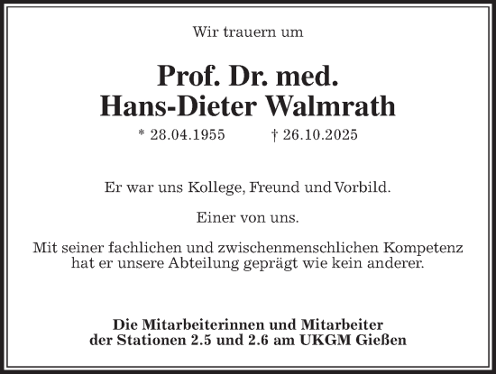 Traueranzeige von Hans-Dieter Walmrath von Giessener Allgemeine, Alsfelder Allgemeine, Wetterauer Zeitung, Giessener Anzeiger