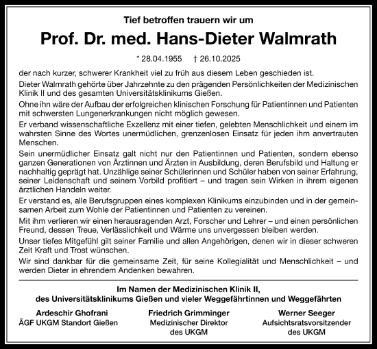 Traueranzeige von Hans-Dieter Walmrath von Giessener Anzeiger, Giessener Allgemeine, Alsfelder Allgemeine