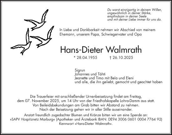 Traueranzeige von Hans-Dieter Walmrath von Giessener Anzeiger, Giessener Allgemeine, Alsfelder Allgemeine