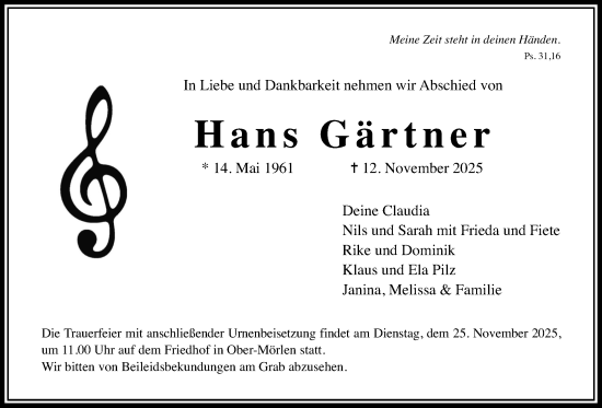 Traueranzeige von Hans Gärtner von Wetterauer Zeitung