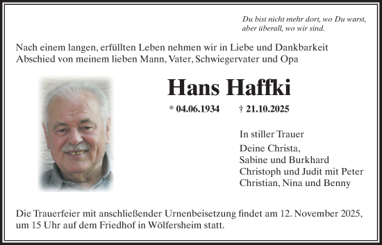 Traueranzeige von Hans Haffki von Wetterauer Zeitung