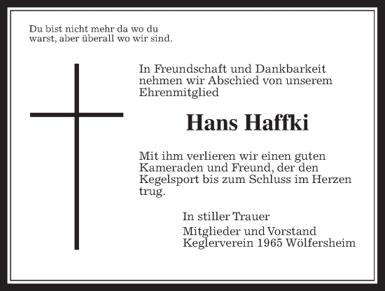 Traueranzeige von Hans Haffki von Wetterauer Zeitung
