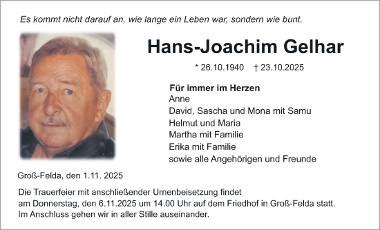 Traueranzeige von Hans-Joachim Gelhar von Alsfelder Allgemeine, Oberhessische Zeitung