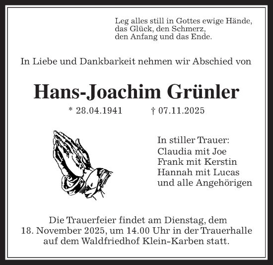 Traueranzeige von Hans-Joachim Grünler von Wetterauer Zeitung