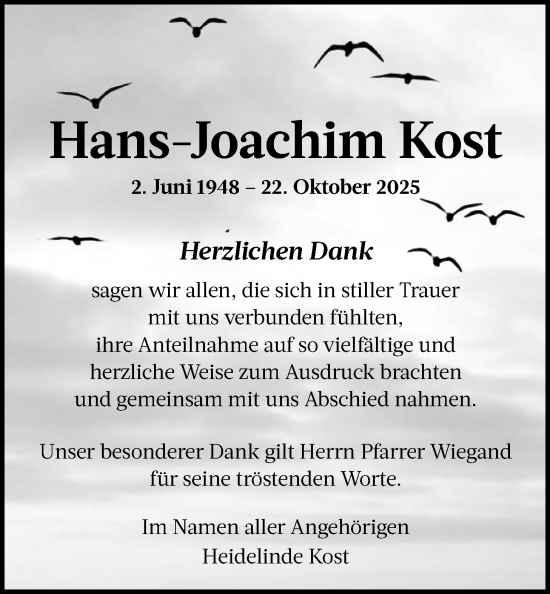 Traueranzeige von Hans-Joachim Kost von Butzbacher Zeitung