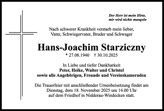 Traueranzeige von Hans-Joachim Starziczny von Bad Vilbel/Karben