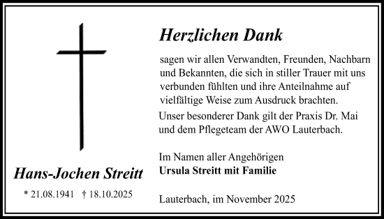 Traueranzeige von Hans-Jochen Streitt von Lauterbacher Anzeiger