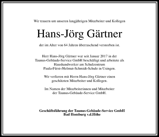 Traueranzeige von Hans-Jörg Gärtner von Wetterauer Zeitung, Usinger Anzeiger