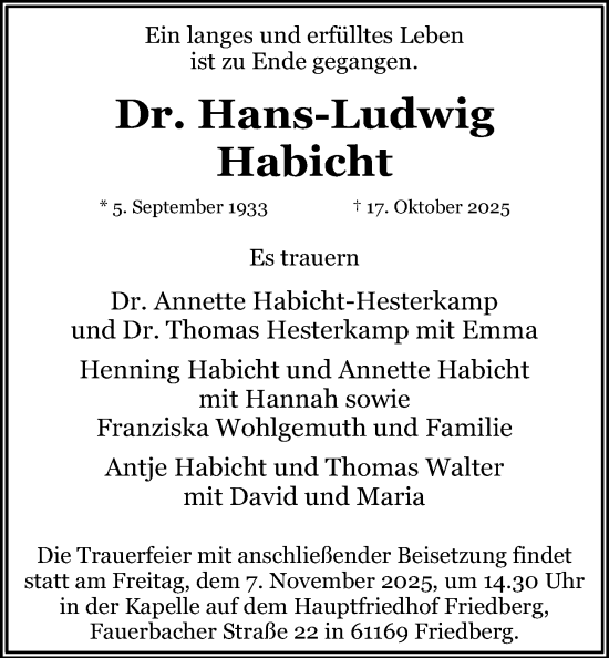 Traueranzeige von Hans-Ludwig Habicht von Wetterauer Zeitung