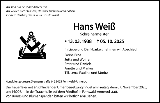 Traueranzeige von Hans Weiß von Giessener Allgemeine, Alsfelder Allgemeine