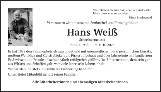 Traueranzeige von Hans Weiß von Giessener Allgemeine, Alsfelder Allgemeine