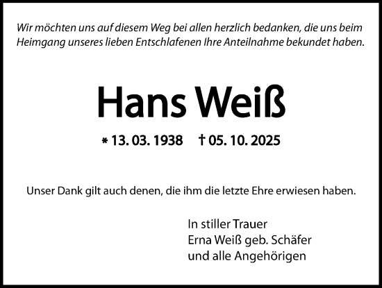 Traueranzeige von Hans Weiß von Giessener Allgemeine, Alsfelder Allgemeine