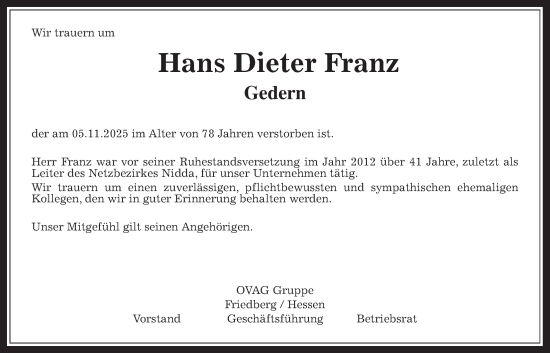 Traueranzeige von Hans Dieter Franz von Kreis-Anzeiger