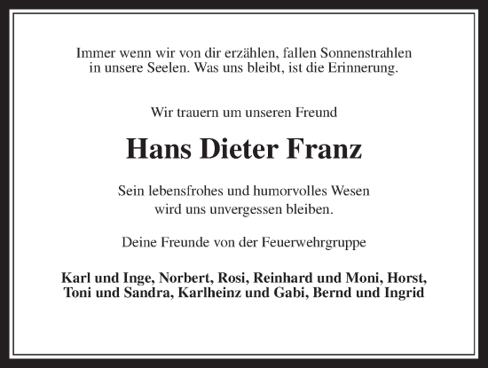 Traueranzeige von Hans Dieter Franz von Kreis-Anzeiger