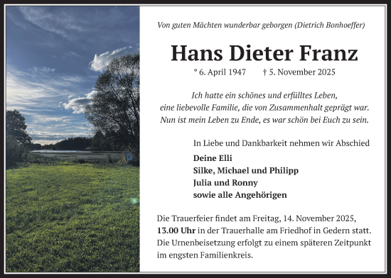 Traueranzeige von Hans Dieter Franz von Kreis-Anzeiger
