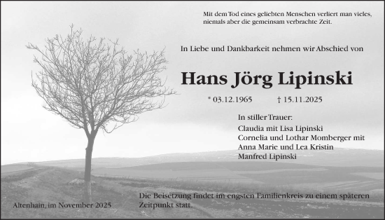 Traueranzeige von Hans Jörg Lipinski von Laubacher Anzeiger