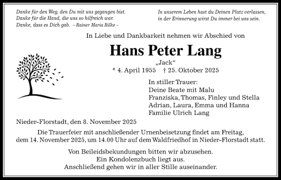 Traueranzeige von Hans Peter Lang von Wetterauer Zeitung