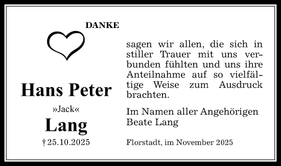 Traueranzeige von Hans Peter Lang von Wetterauer Zeitung