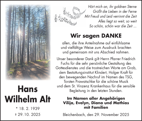 Traueranzeige von Hans Wilhelm Alt von Kreis-Anzeiger