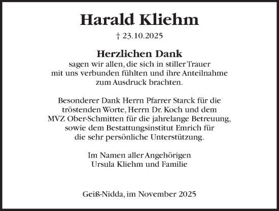 Traueranzeige von Harald Kliehm von Kreis-Anzeiger