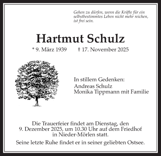 Traueranzeige von Hartmut Schulz von Wetterauer Zeitung