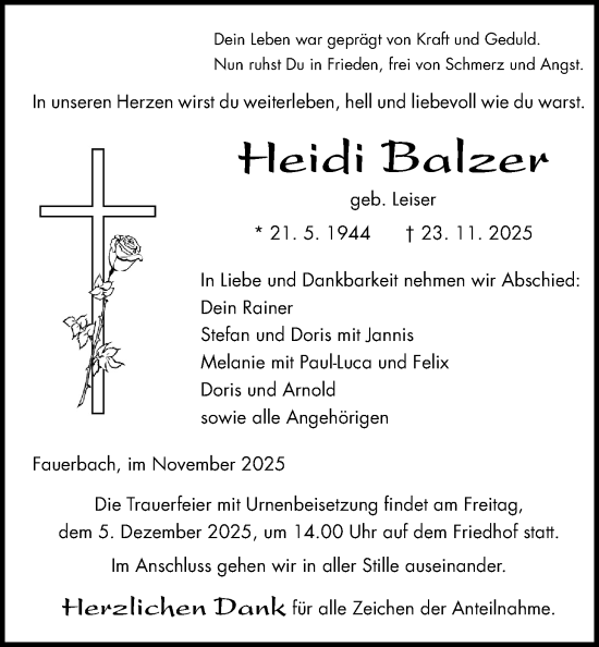 Traueranzeige von Heidi Balzer von Kreis-Anzeiger