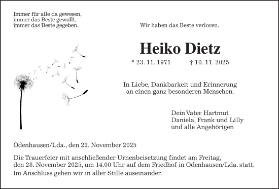 Traueranzeige von Heiko Dietz von Giessener Anzeiger, Giessener Allgemeine, Alsfelder Allgemeine