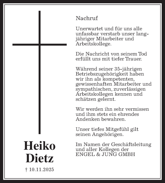 Traueranzeige von Heiko Dietz von Giessener Anzeiger
