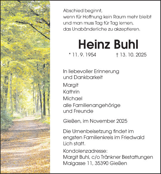 Traueranzeige von Heinz Buhl von Giessener Anzeiger, Giessener Allgemeine, Alsfelder Allgemeine