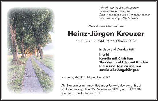 Traueranzeige von Heinz-Jürgen Kreuzer von Kreis-Anzeiger