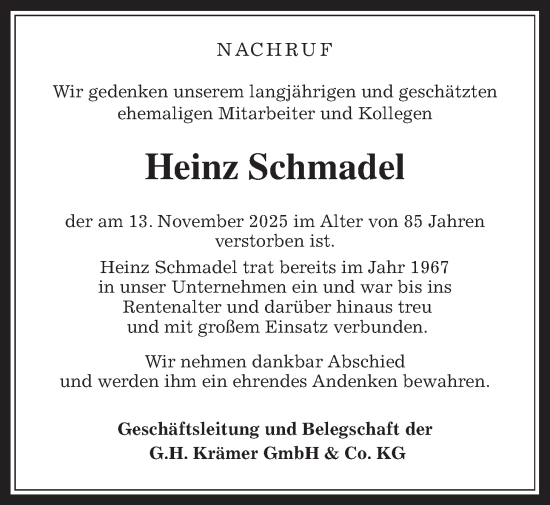 Traueranzeige von Heinz Schmadel von Heimatzeitung Grünberg + Laubach