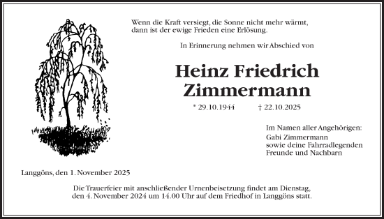 Traueranzeige von Heinz Friedrich Zimmermann von Giessener Anzeiger