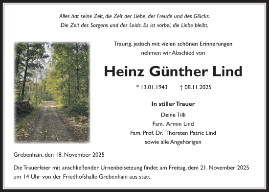 Traueranzeige von Heinz Günther Lind von Lauterbacher Anzeiger