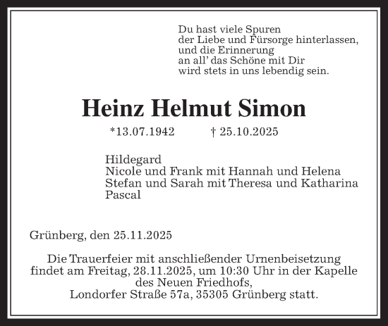 Traueranzeige von Heinz Helmut Simon von Giessener Allgemeine, Alsfelder Allgemeine