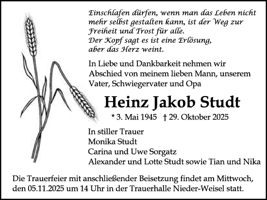 Traueranzeige von Heinz Jakob Studt von Butzbacher Zeitung