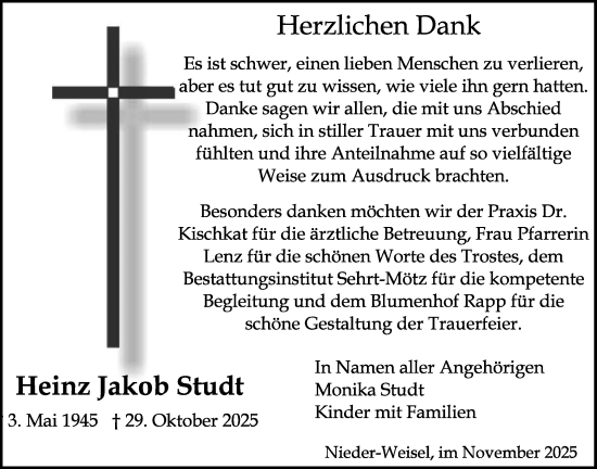 Traueranzeige von Heinz Jakob Studt von Butzbacher Zeitung