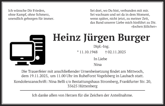 Traueranzeige von Heinz Jürgen Burger von Giessener Allgemeine, Alsfelder Allgemeine