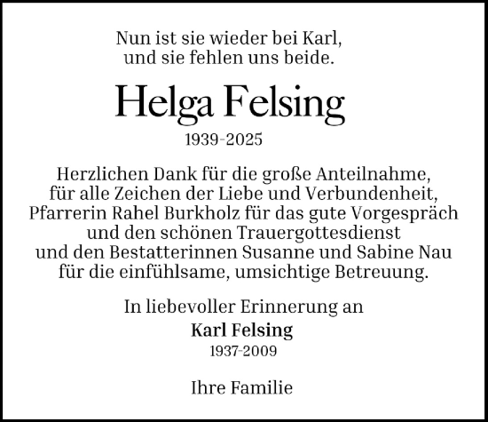 Traueranzeige von Helga Felsing von Oberhessische Zeitung