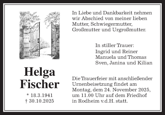 Traueranzeige von Helga Fischer von Wetterauer Zeitung