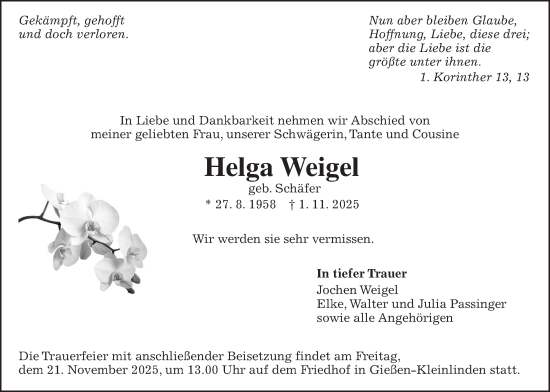 Traueranzeige von Helga Weigel von Giessener Anzeiger, Giessener Allgemeine, Alsfelder Allgemeine