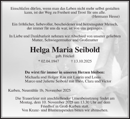 Traueranzeige von Helga Maria Seibold von Wetterauer Zeitung